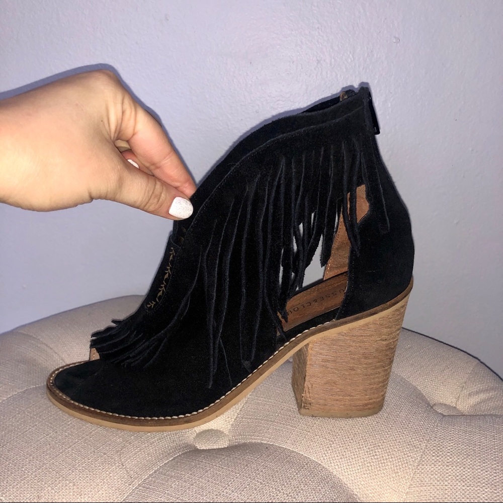Black suede tassel cutout booties